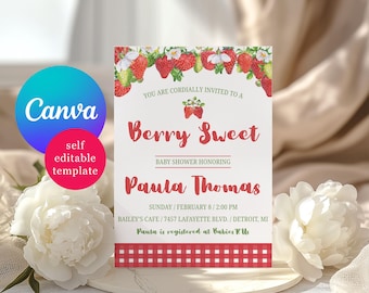 Strawberry Themed Baby Shower Invitation, A Berry Sweet Baby is on the Way! Editable Canva Template, Printable Digital File