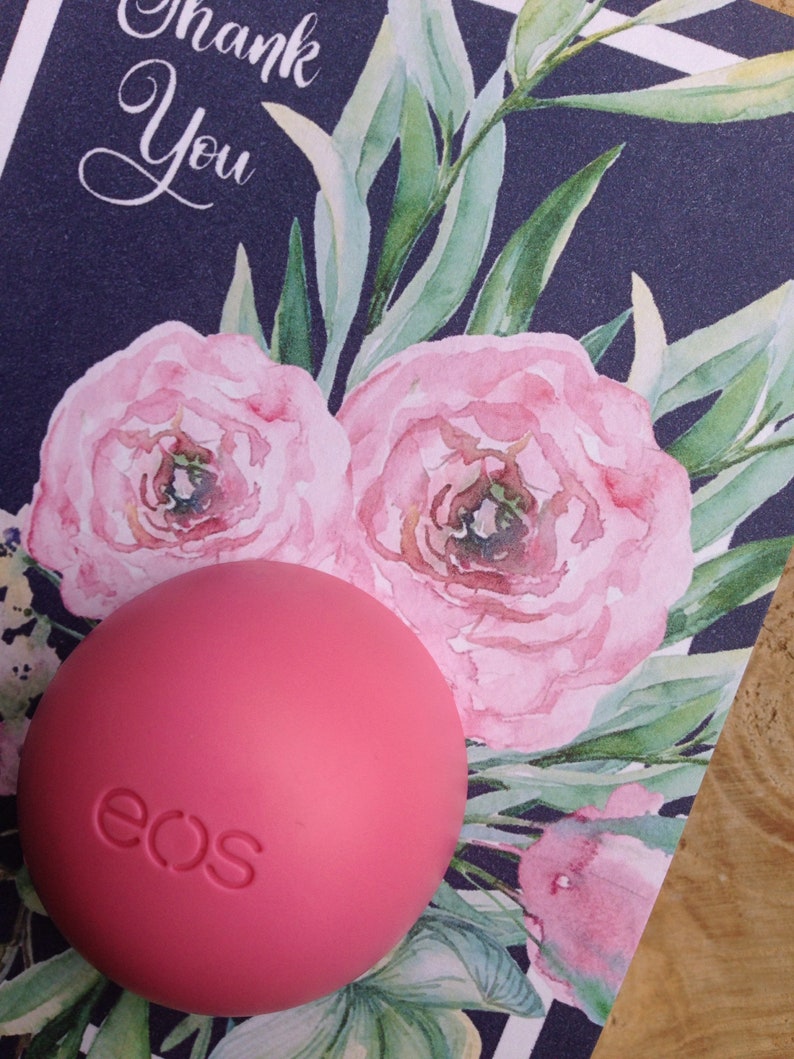 Navy blue and floral bouquet EOS lip balm thank you cards Etsy