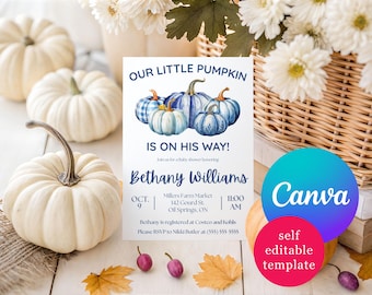 Può includere: Un invito per un baby shower con il testo "OUR LITTLE PUMPKIN IS ON HIS WAY!". Presenta zucche ad acquerello in tonalità blu. Zucche bianche e fogliame autunnale circondano l'invito. I loghi Canva e modello modificabile sono visibili.