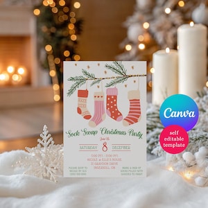 Sock Swap Christmas Party Invitation, Editable Canva Template, Holiday Party, Pink & Red Stockings, Tree Branch, Sock Exchange