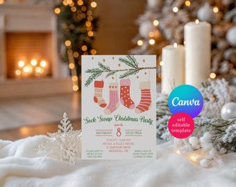 Invitación para fiesta navideña de intercambio de calcetines, plantilla editable de Canva, fiesta navideña, calcetines rosas y rojos, rama de árbol, intercambio de calcetines