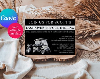 Black and White Golf Bachelor, Bachelorette party invitation, Last Swing Before the Ring!  Editable Canva Template, Instant Download