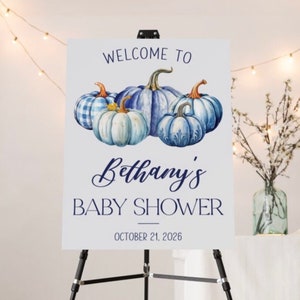Cartello di benvenuto per baby shower "La nostra piccola zucca è in arrivo", download digitale personalizzato, dimensioni personalizzate, Baby Sprinkle, blu, per neonato