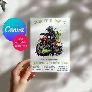 Dirt Bike Birthday Party Invitations, Grip it and Rip it!  Editable Canva Template Motocross, printable, kids' birthday, green, black, white