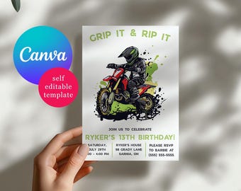 Invitations pour une fête d'anniversaire sur le thème du motocross : à vous de jouer ! Modèle Canva modifiable, téléchargement instantané.