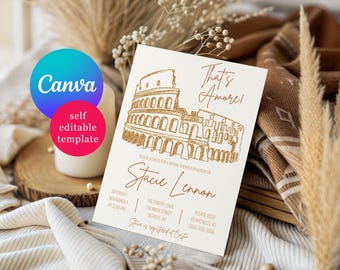 Invitación para despedida de soltera con temática del Coliseo Romano, ¡Eso es amor! Plantilla editable de Canva, Roma, Italia, dorado brillante, blanco
