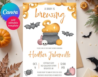 Halloween Themed Baby Shower Invitation, A Baby is Brewing!  Editable Canva Template, Gender Neutral, Instant Download Printable Invitation