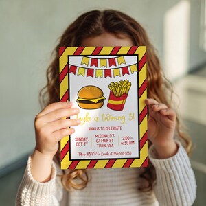 Cheeseburger und Pommes Geburtstagsparty Einladung & Play Doh Party favor druckbares Kartenset, danke, Fast Food, rot, gelb, Kinder