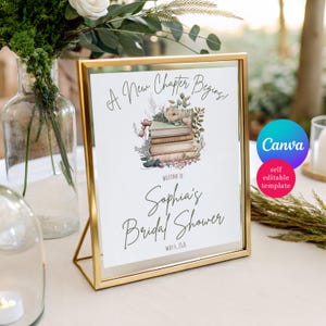 A New Chapter Begins! Editable Personalized Welcome Sign, Digital Download, Canva Template, Bridal Shower, stack of books, floral
