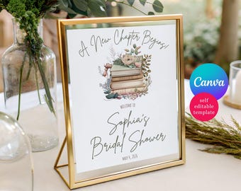 A New Chapter Begins! Editable Personalized Welcome Sign, Digital Download, Canva Template, Bridal Shower, stack of books, floral