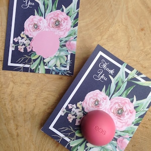 Cartes de remerciement bleu marine et bouquet floral EOS baume à lèvres, aquarelle, rose, vert, imprimable, téléchargement immédiat, merci, faveur, cadeau