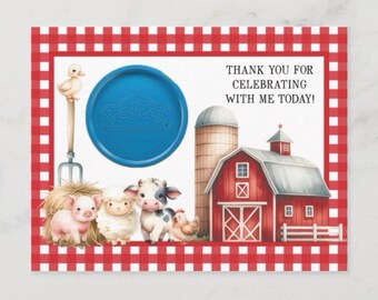 Tarjeta de regalo imprimible con temática de granja, regalo de plastilina para fiesta de cumpleaños, recuerdo de fiesta de agradecimiento, granero, animales de granja, cerdo, vaca, gallo, oveja