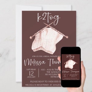 K2tog, Strickthema Brautparty Einladung, braun, ivory, cream, Stricknadeln, Wolle, Garn, zwei zusammen stricken, Verlobung, Hochzeit