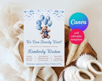 Blue Teddy Bear Baby Shower Invitation, We Can Bearly Wait! Editable Canva Template, Printable, Instant Download