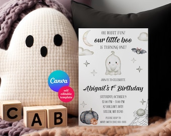 May include: A rectangular birthday invitation card featuring a watercolor ghost, moon, stars, bat, and pumpkin. The text reads: OH WHAT FUN! our little boo IS TURNING ONE! JOIN US TO CELEBRATE Abigail's 1st Birthday SATURDAY, OCTOBER 9 12:00 PM - 3:00 PM 87 HOLLOW'S WAY SALEM, MA 15745 PLEASE RSVP TO MARY SMITH (555) 555-5555.