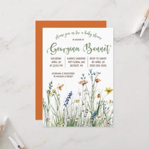 Frühlings-Wildblumen-Babypartyeinladung, Baby streuen, bedruckbar, Blumen, Gras, grün, orange, blau, gelb, Aquarell