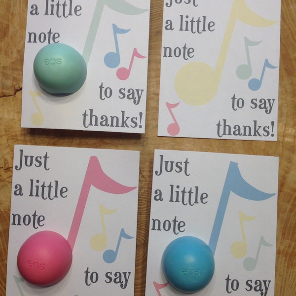 Music teacher appreciation,music note, pastel thank you cards for EOS lip balm, printable, instant download,just a little note to say thanks