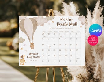 We Can Bearly Wait! Guess the Baby's Birth Date Baby Shower Game, Editable Canva Template, Teddy Bear, Gender Neutral, Hot Air Balloon