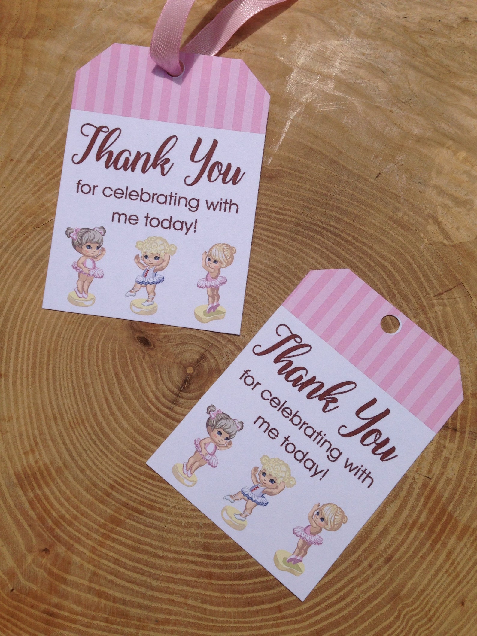 ballerina birthday party favor thank you card printable, ballet, dance shoes, tutus, pink, stripes, thank you for celebrating wi