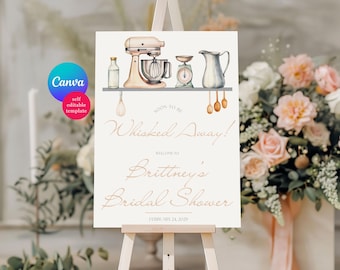 Pink and Gray Kitchen Bridal Shower Welcome Sign, Soon-to-be Whisked Away! Editable Canva Template, Digital Download, Kitchen Untensils