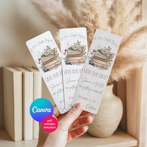 A New Chapter Begins! Editable Book themed Save the Date Personalized Bookmarks, Canva Template, Wedding Save the Date, Pink & Green Floral
