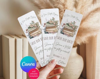 A New Chapter Begins! Editable Book themed Save the Date Personalized Bookmarks, Canva Template, Wedding Save the Date, Pink & Green Floral