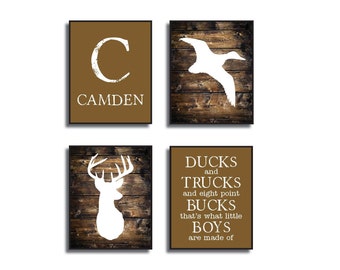 Ducks, Trucks and Bucks, That's What Boys are Made of.  Custom Hunting Nursery Art Print Set, Brown and White Hunting Boys Bedroom Wall Art