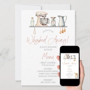 Bald weggezaubert! Brautparty-Menü, 13x18, Aquarell, Backen, Kochen, Küche, Utensilien, Mixer, Schneebesen, grau, rosa