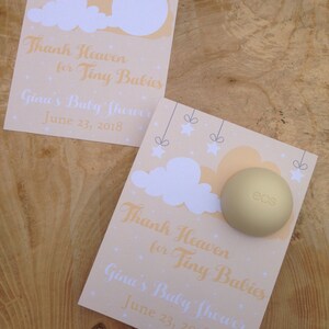 Merci le ciel pour les petits bébés, cadeau de baby shower imprimable, cartes de baume à lèvres EOS, personnalisé, jaune, nuages, étoiles, ciel, envoyé du ciel, faveurs