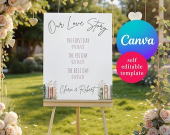 Our Love Story! Spring Floral Books, Editable Personalized Wedding Welcome Sign, Canva Template, Digital Download, Bridal Shower Sign