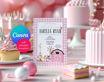 Pink Barnyard Farm Themed Birthday Party Invitation, Editable Canva Template, Instant Downloadable Printable File, Pink Gingham