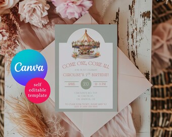 Pink and Green Merry Go Round Kids' Birthday Invitation, Come One, Come All!  Editable Canva Template, Cirus, Fair