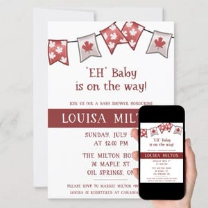 Eh Baby ist unterwegs! Babypartyeinladung zum Kanada-Tag, 5 "x 7" zum Ausdrucken, Ahornblatt, rot und weiß, kanadisch, 1.Juli, äh, Girlande