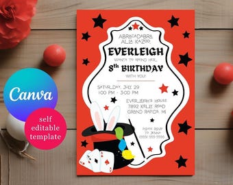 Magician Birthday Party Invitation, Abracadabra! Editable Canva Template, Instant Download Printable, Magic Themed Party Invite
