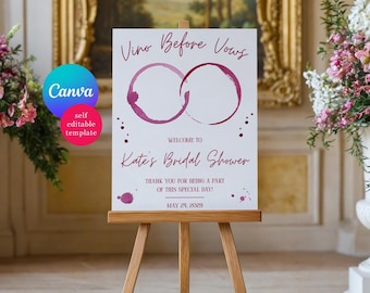 Wine Themed Bridal Shower Welcome Sign, Vino Before Vows! Editable Canva Template, Instant Digital Download