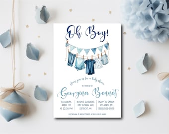 Oh Baby! Baby Boy Layette Baby Shower invitation, 5"x7" printable, blue, brown, bunting flags, clothesline, baby boy clothes, oh boy, custom