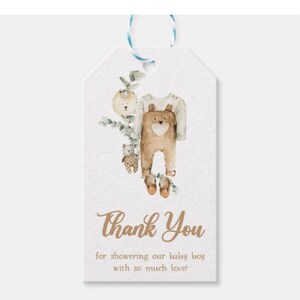 Baby Boy&#39;s Layette, baby shower thank you gift tags, printable, instant download, thank you for showering our baby with love, brown, bear