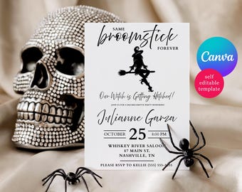 Witch Bachelorette Party Invitation, Same Broomstick Forever! Our Witch is Getting Hitched! Editable Canva Template, Download
