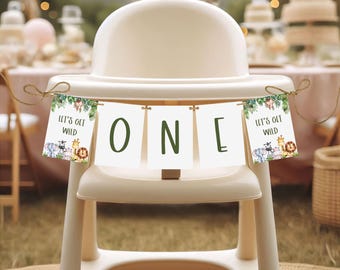 Let's Get Wild! Wild One Safari Animals Birthday Bunting Banner for High Chair, Instant Download, 5x7 Printable Files, First Birthday Decor