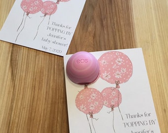 Thanks for popping by! baby shower favors, balloons printable thank you cards for EOS lip balm, download, watercolor, personalized, pink