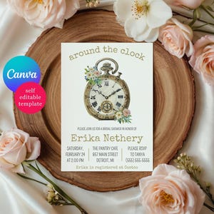 May include: A rectangular bridal shower invitation card featuring a vintage pocket watch illustration with floral accents, the text around the clock, and event details for Erika Nethery, including date, time, location, and RSVP information.