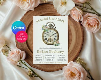 Around the Clock Bridal Shower invitation, Editable Canva Tempalte, Instant Digital Download, Antique Vintage Hand Watch, Timepiece