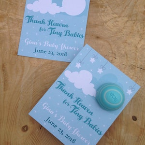 Merci le ciel pour les petits bébés, cadeau de baby shower imprimable, cartes de baume à lèvres EOS, personnalisées, vert menthe, nuages, étoiles, ciel, envoyé du ciel