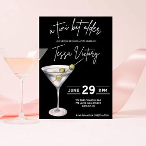 A Tini Bit Older, Dirty Martini birthday party invitation, 5"x7" printable, martini, olives, adult birthday party, black, white, green