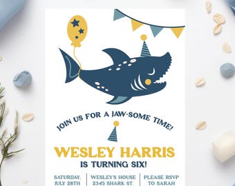 Join us for a Jaw-Some Time!, birthday party invitation, 5"x7" printable, shark, balloon, bunting, party hats, personalized, download