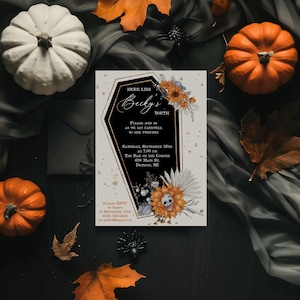 Death to my Youth, RIP Twenties, birthday party invitation, 5"x7" printable, 30th Birthday, coffin, floral, orange, gold, black. skull