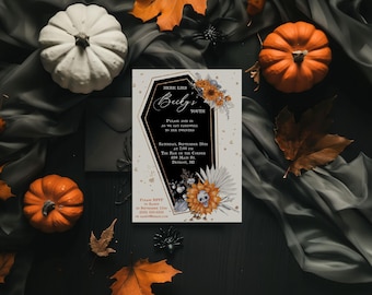 Death to my Youth, RIP Twenties, birthday party invitation, 5"x7" printable, 30th Birthday, coffin, floral, orange, gold, black. skull