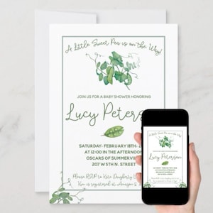 A Little Sweet Pea is on the Way! Baby Shower 5"x7" invitation, personalized, custom, gender neutral, green, white, pea, download, printable
