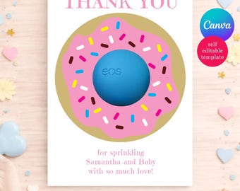 Pink Donut Baby Shower Favor Cards for EOS Lip Balm, Editable Canva Template, Thank You for Sprinkling the baby with love!