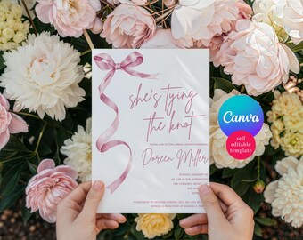 She's Tying the Knot! Editable Pink Ribbon Bridal Shower invitation, Canva Template, Pink Bow, Modern Invitation